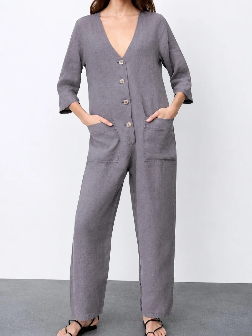 Zara 100% linen grey jumpsuit, small